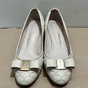 Salvatore Ferragamo Quilted Scalloped Leather Vara Pumps - Cream - Size 6B
